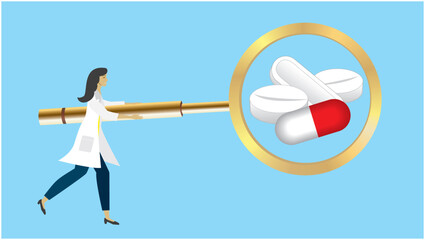 Woman with big magnifying glass, looking at pills, medication. Dimension 16:9. Vector illustration.