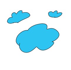 Illustration of three blue clouds on a plain white background. Each cloud is drawn with a soft, rounded shape and given a black outline