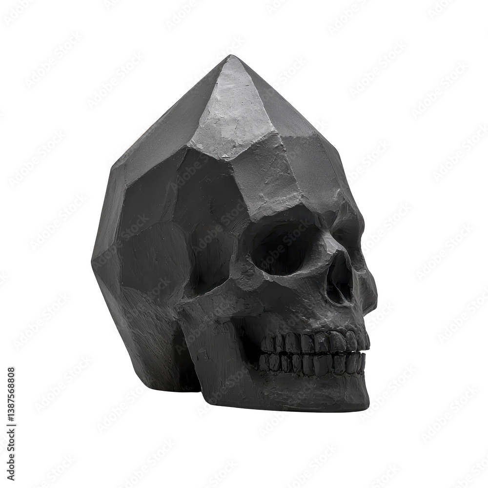 Poster a geometric, faceted skull sculpture in dark gray, blending art and anatomy with modern, abstract de