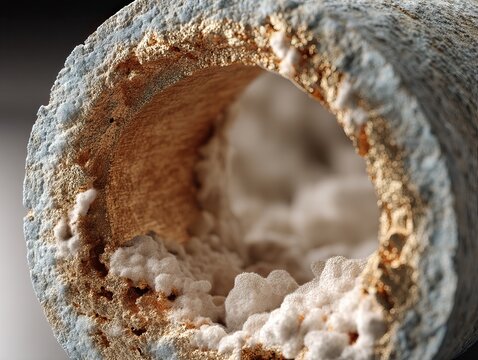 tube showing the buildup of limescale and mineral deposits. The inside is covered with white, cloudy limescale, creating a textured surface. 
