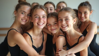 A delightful gathering of smiling young girls in black ballet attire radiates joy and camaraderie. Their beaming faces and close-knit embrace capture the essence of friendship and the passion for