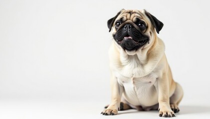 Adorable pug dog sits alone against white background, animal, pet