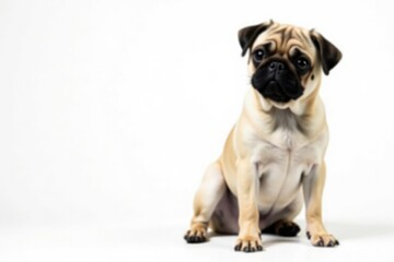 Fototapeta premium Adorable pug dog sits alone against white background, pet, picture