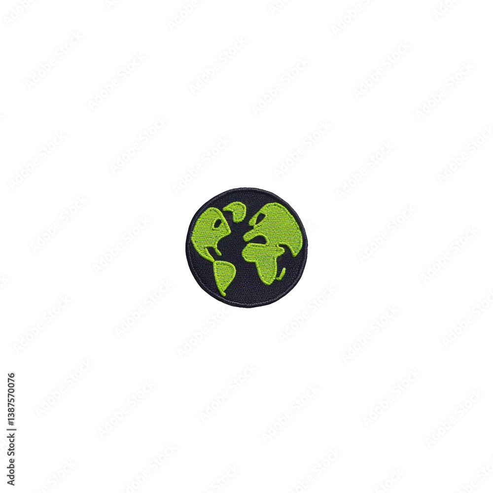 Poster a this features circular patch with stylized green earth design on transparency background, symboliz