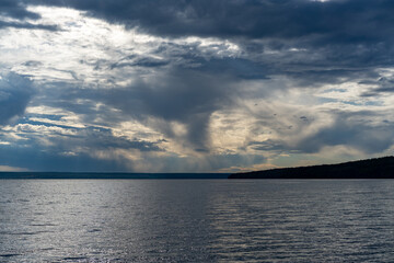 Different landscapes on the lake in summer.