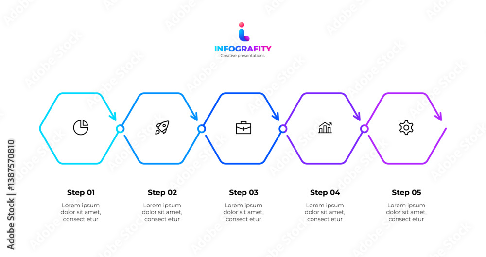 Poster Outline infographic featuring five sequential hexagonal steps with icons depicting process stages, ideal for business presentations or workflow diagrams