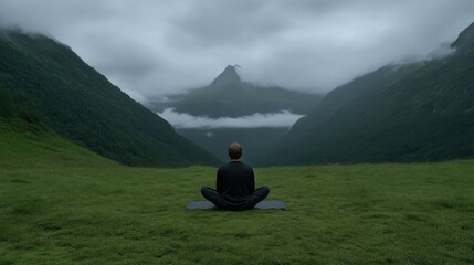 Fototapeta premium A person meditates in a tranquil mountain valley. Vast, verdant valley. Misty mountains rise in the background. Tranquil scene