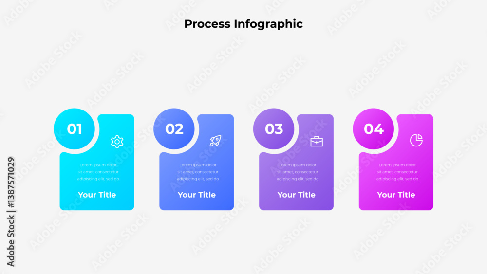Poster Infographic chart displaying a four step process ideal for presentations, planning, and organization. Icons and gradients enhance visual appeal, conveying structure and sequence in an engaging manner