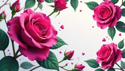 Naklejka premium Bold fuchsia roses, delicate leaves, repeat design , print, floral