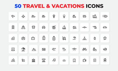 A set of 50 minimalistic icons representing diverse travel, transportation, and vacation themes, perfect for web design, presentations, and promotional material