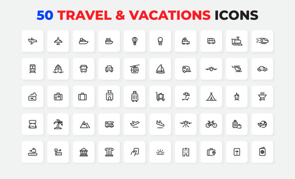 A set of 50 minimalistic icons representing diverse travel, transportation, and vacation themes, perfect for web design, presentations, and promotional material
