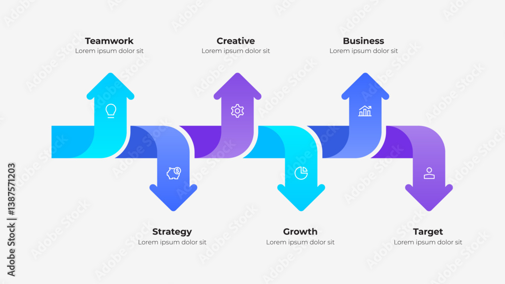 Poster A visually appealing infographic featuring colorful arrow pathways and icons depicting teamwork, strategy, creativity, growth, and targets, ideal for representing progress and business concepts