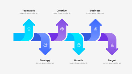 A visually appealing infographic featuring colorful arrow pathways and icons depicting teamwork, strategy, creativity, growth, and targets, ideal for representing progress and business concepts