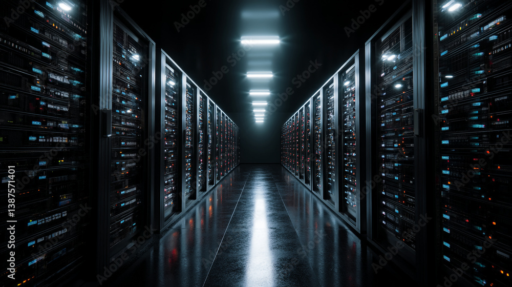 Poster a long corridor filled with server racks under bright lights in a data center with shiny floor
