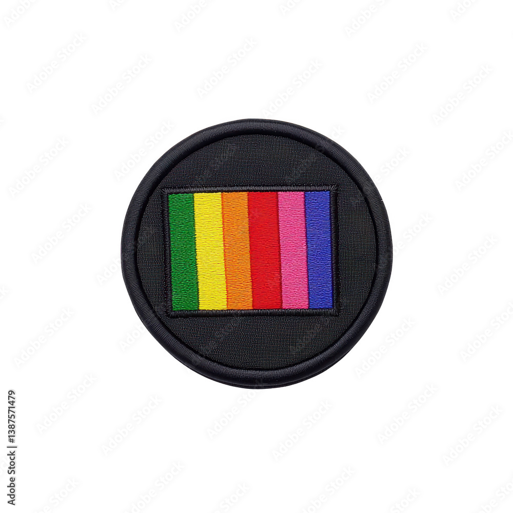Poster a this features circular patch with vibrant rainbow stripe design, symbolizing diversity and inclusi