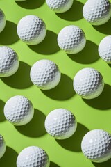 A pattern of white golf balls on a lime green background, creating an elegant and minimalistic design for advertising or decoration in the sports industry