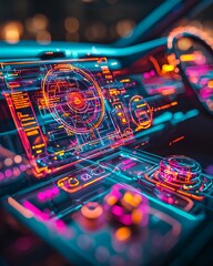 Futuristic Car Dashboard: Neon glow illuminates a futuristic car dashboard, showcasing vibrant holographic displays and advanced technology.  