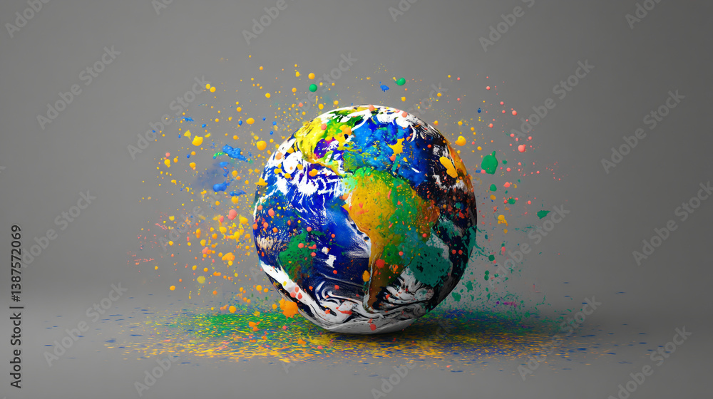 Poster colorful globe with paint splatters on a gray background in a studio setting with dynamic compositio
