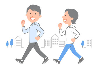 体力作りのためにウォーキングをする若い男女