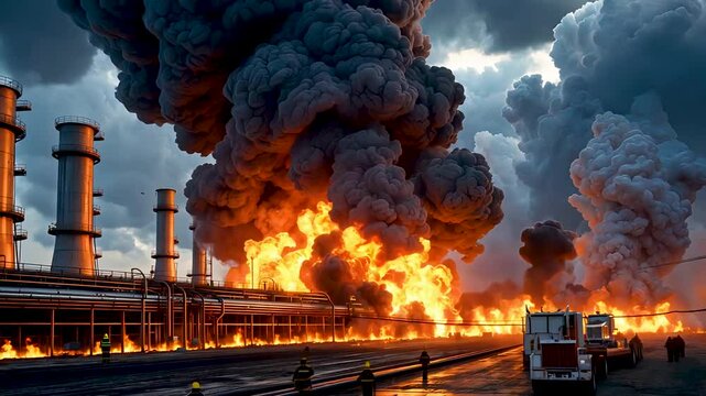 Massive explosion and fire at oil refinery with smoke clouds rising in emergency