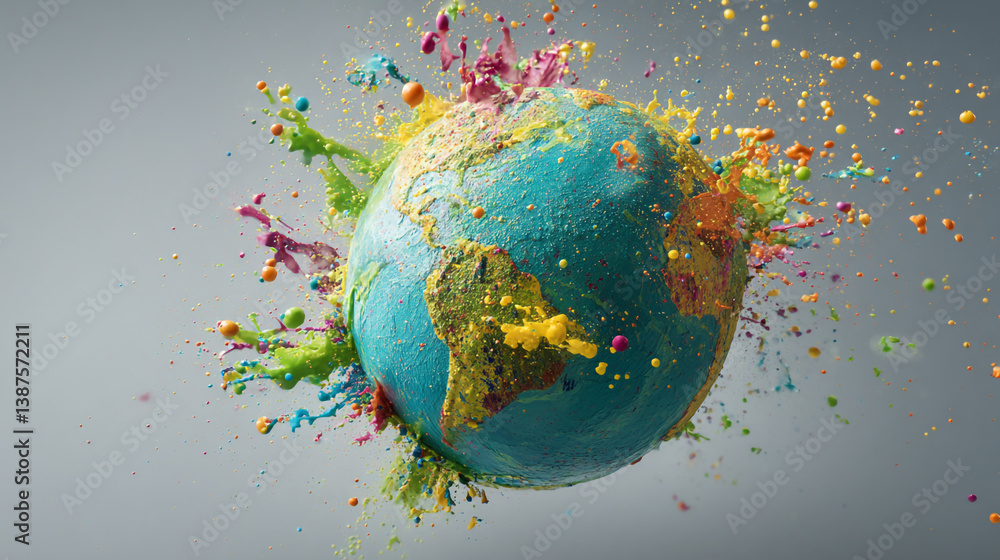 Poster globe covered in vibrant paint splatters creating a colorful and dynamic representation of the world