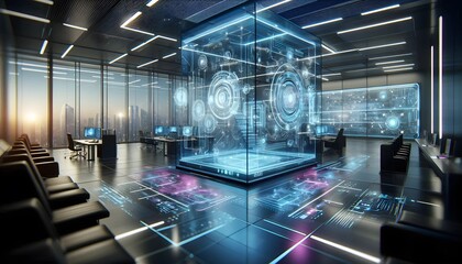 Futuristic Technology Office with Abstract Digital Elements, Smart Interfaces, and Immersive High-Tech Design in Blue and Purple Tones