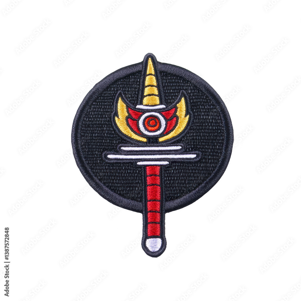 Aufkleber a this features circular embroidered patch with sword design, showcasing red and gold color scheme. 