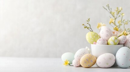 Obraz premium Pastel-colored Easter eggs, adorned with delicate patterns, fill a white cup. Yellow flowers and additional eggs surround the cup. The image boasts a soft, high-quality resolution with natural lighti