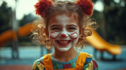 Joyful clown girl smiling at playground outdoor portrait vibrant colors cheerful atmosphere
