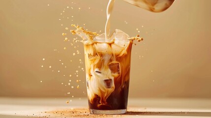 A glass of coffee with ice and milk poured into it