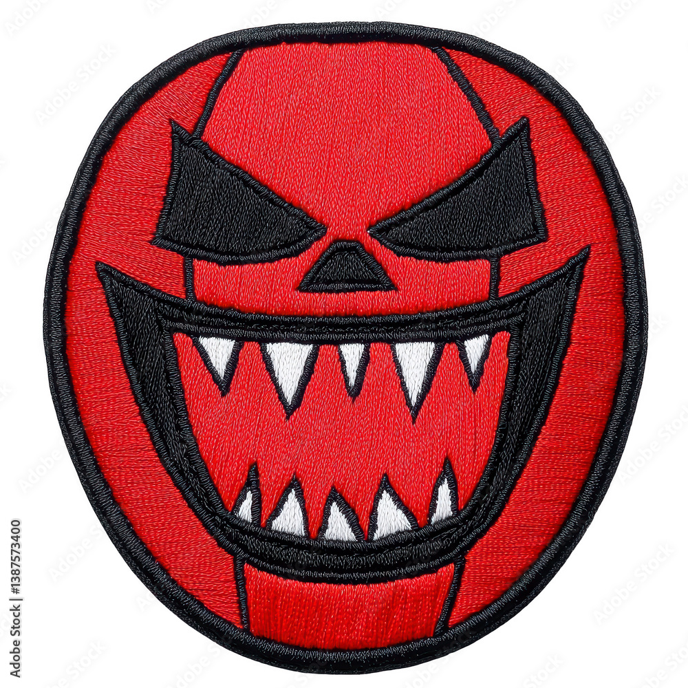 Aufkleber a this features round, red embroidered patch with menacing face design. face has sharp, triangular e