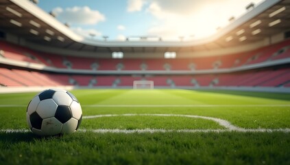 Obraz premium professional soccer field with a ball positioned at the center circle under the warm sunlight, showcasing an empty stadium ready for an exciting match