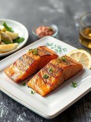 Grilled Salmon Fillets on an Elegant White Plate with Lemon Slices and Fresh Parsley Garnish, Accompanied by a Side of Vegetables and Sauce, Ideal for Healthy Gourmet Dining and Cuisine Themes