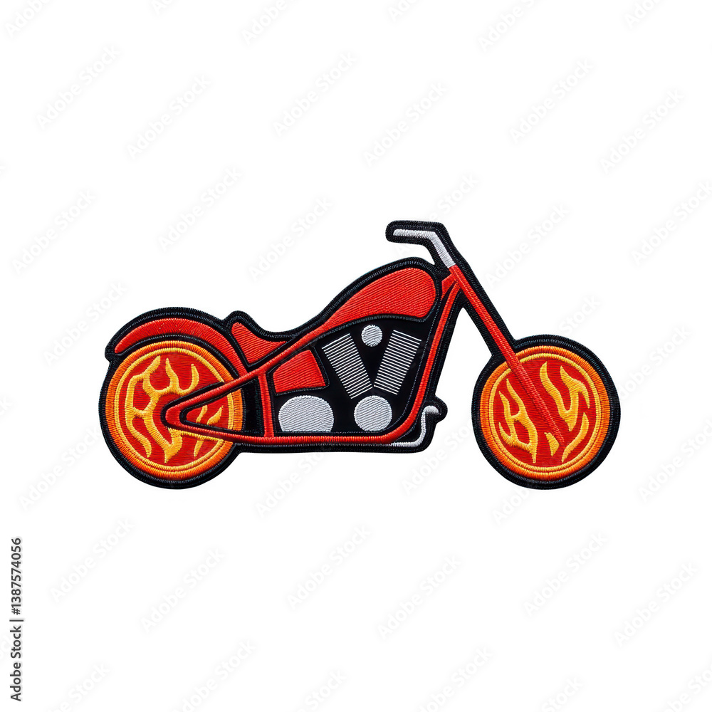 Poster a this features stylized motorcycle patch design with vibrant red and orange flames wheels, set agai