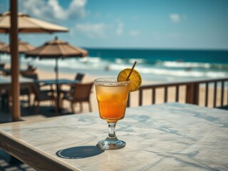 Refreshing citrus cocktail on a marble table overlooking a serene beachfront with sunlit ocean waves, inviting relaxation and tropical vibes on a warm summer day