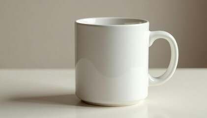 Fototapeta premium Classic white ceramic mug, handle detail visible , white background, mockup, crockery