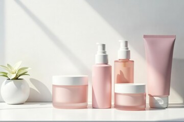 Clean, minimalist white backdrop for cosmetic products, top view, shine, beauty