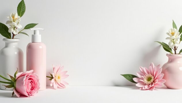 Clean, minimalist white backdrop for beauty products, modern, stock, unblemished