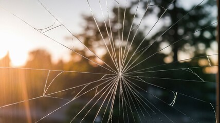 Sunset through a shattered window pane with radiating cracks, framing a blurred view of trees in warm evening light