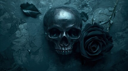 Dark Skull and Rose Still Life on Textured Gray Background