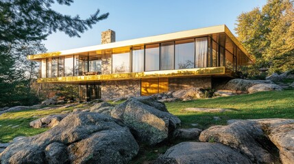Obraz premium Modern architectural house with large windows and natural surroundings on rocky terrain during golden hour light