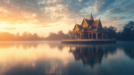Obraz premium Serene Reflection of a Golden Pavilion at Sunrise Over Tranquil Waters Surrounded by Lush Greenery
