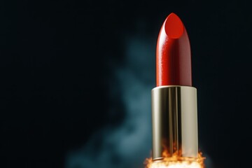 Bold Red Lipstick with Flame Effects in Dark Background for Fashion and Beauty Themes