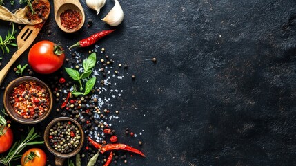 Culinary ingredients on dark stone surface