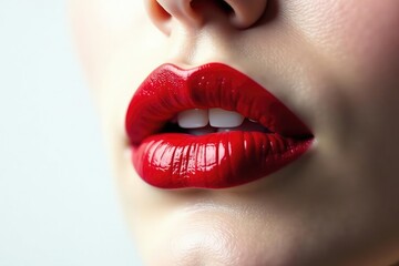 Obraz premium Close-up of luscious red lips, stark white backdrop, promotional, intense, red lips