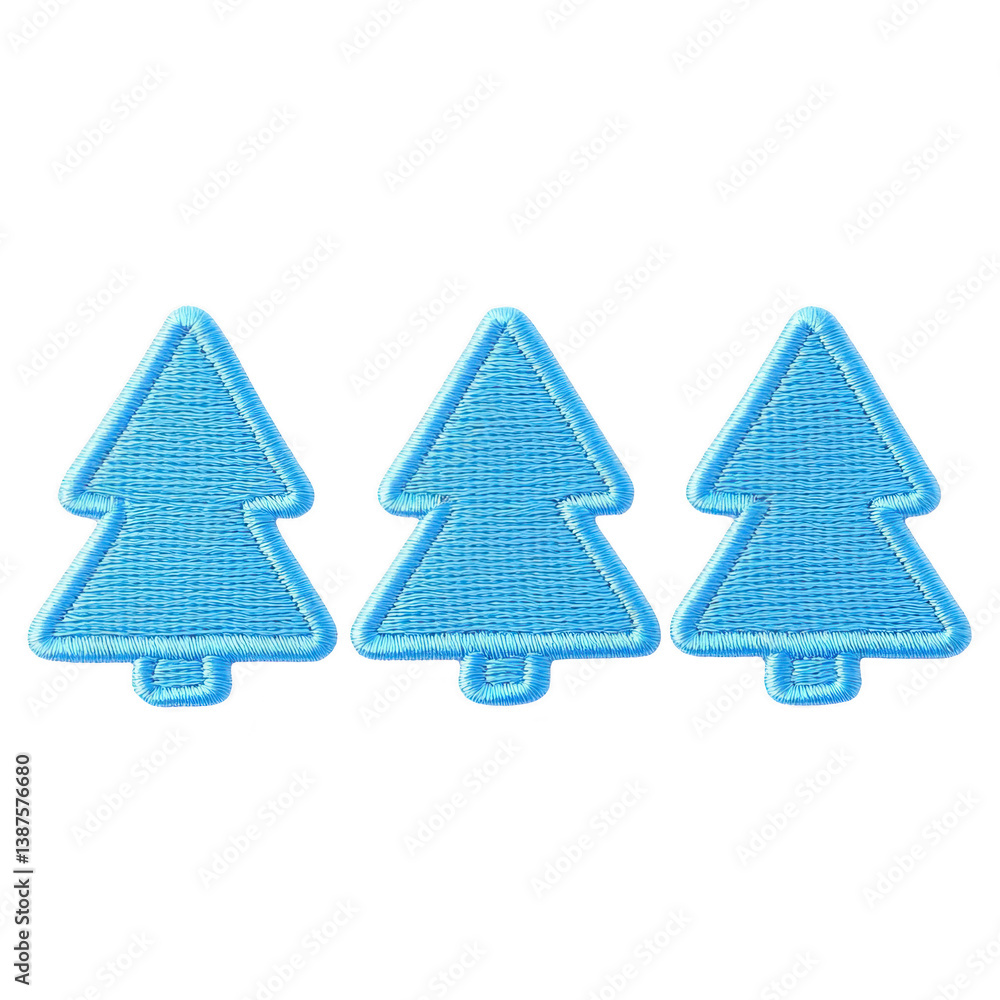 Poster a three blue embroidered tree patches are arranged in row, showcasing simple and playful design. pat