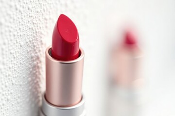 Close-up of vibrant red lipstick on pure white backdrop, smooth, makeup, close-up