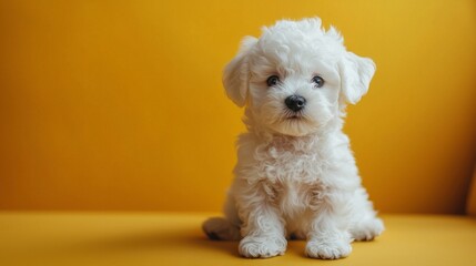 Cute furry Bichon Frise puppy sitting on yellow background