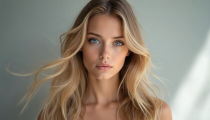 Fototapeta premium Young woman portrait. Blonde hair, striking blue eyes against neutral background. Natural light enhances beauty, soft gaze, serene expression. Fashionable style, healthy skin. Photo suitable for