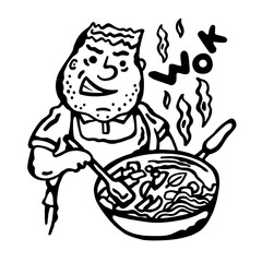Vector black and white illustration of a man preparing food in a wok pan on a white isolated background